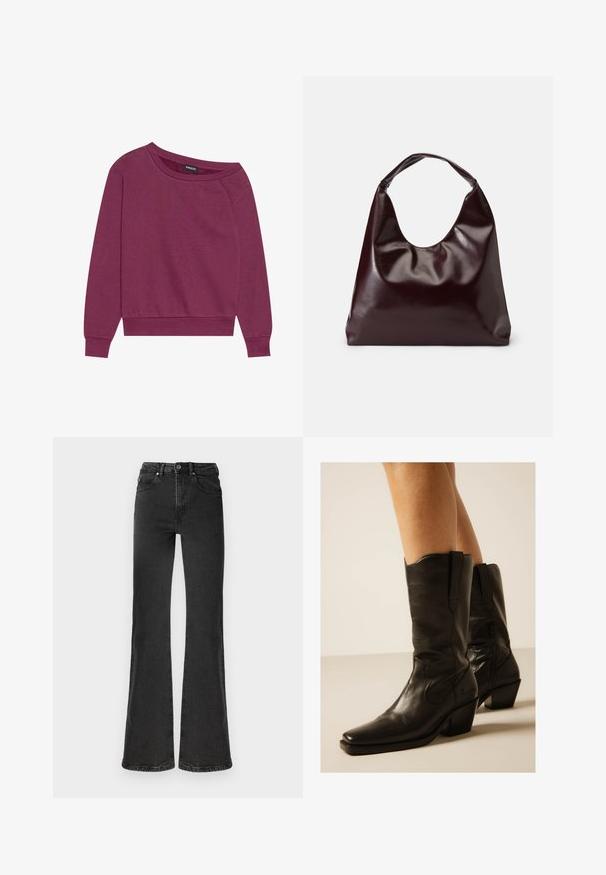 Magenta cropped mikina bez ramienok s dlhými rukávmi, rebrovanými manžetami a lemom. Vyrobená z jemného materiálu, s voľným strihom a hladkou textúrou.; Čierne rozšírené džínsy z džinskej látky s vysokým pásom, detailným prešívaním, dvomi prednými vreckami a čistým zakončením na leme.; Čierne kožené kovbojské čižmy do polovice lýtka so špicatými špičkami a blokovým podpätkom, nosené na bosých nohách na neutrálnej pozadí.; Burgundská, lesklá vegan kožená taška s mäkkým, sochárskym tvarom a širokým, zakriveným uchom pre jednoduché nosenie.
