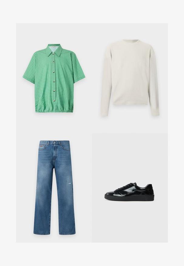 Crèmekleurige geribbelde trui met lange mouwen, ronde hals en comfortabele pasvorm, weergegeven op een effen witte achtergrond.; Groen shirt met korte mouwen en een rasterpatroon, voorzien van een knoopsluiting aan de voorkant, een kraag en een elastische onderzoom voor een comfortabele pasvorm.; Blauwe denim jeans met een rechte pijp, lichte slijtage aan de rechterdij, vijfzakkenmodel en een tailleband met knoopsluiting.; Zwarte gepatenteerde leren sneakers met een ronde neus, vetersluiting, een gestructureerde rubberen zool en een glanzende afwerking.