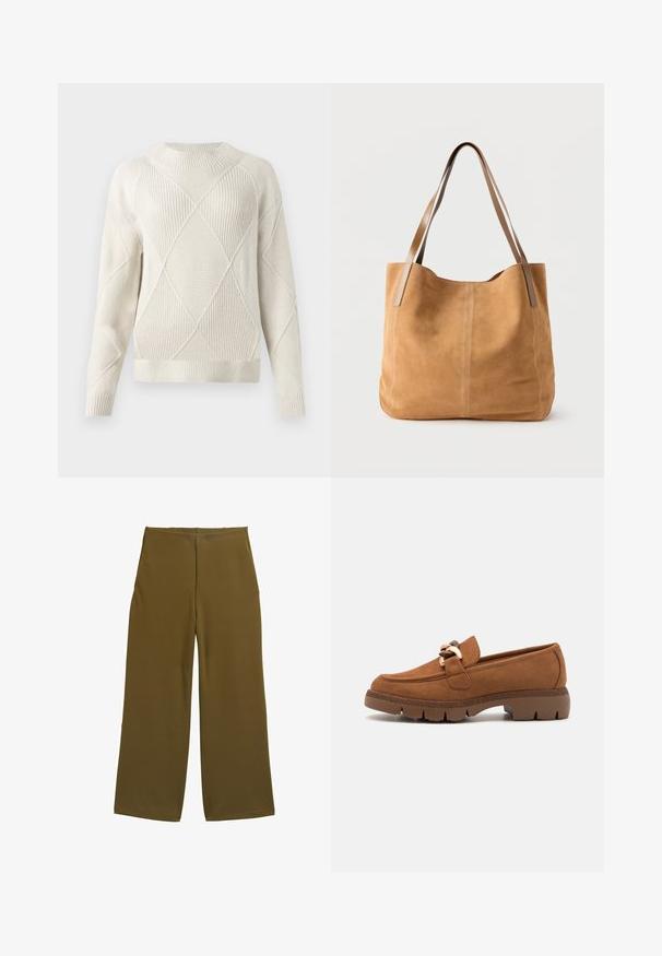Cremefarvet strikket sweater med struktureret diamantmønster, rund halsudskæring, ribbede manchetter og kant. Blødt materiale og afslappet pasform.; Bredde benbukser i olivengrønt stof, med en glat tekstur og ingen synlige lukninger. Designet til en afslappet pasform med rene linjer.; Brune ruskindsloafers med en dekorativ kæde i guldfarve, der har en tekstureret gummisål og rund tådesign.; Beige ruskindtaske med lange lysebrune læderstropper, blød tekstur og enkel syning på en ensfarvet hvid baggrund.