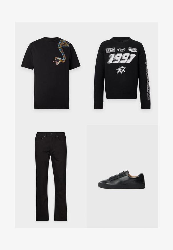 Pull en maille noire avec des imprimés graphiques blancs, comprenant "1997", des écussons logo et des motifs géométriques sur les manches. Manches longues, col rond.; T-shirt noir à manches courtes avec un motif coloré de serpent enroulé de l'épaule à la poitrine, bouche ouverte et langue tirée.; Jean noir droit avec cinq poches et fermeture par bouton, posé à plat sur un fond blanc.; Baskets en cuir noir avec une texture lisse, bout rond et fermeture à lacets. Comprend une semelle en caoutchouc épaisse et un minimum de détails de marque.
