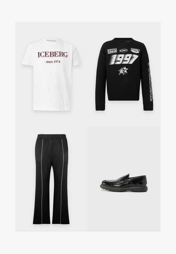 Sort strikket sweater med hvide grafiske tryk, herunder "1997", logopatches og geometriske mønstre på ærmerne. Lange ærmer, rund hals.; Hvid t-shirt med korte ærmer med "ICEBERG" og "since 1974" trykt i sort og rød på forsiden.; Sorte atletikbukser med en tætsiddende talje, der har hvide sidelister og et flare-ben-design. Fremstillet af blødt, strækbart stof.; Sort læderloafer med en blank finish, rund tå, subtile syninger og en tyk gummisål for holdbarhed.