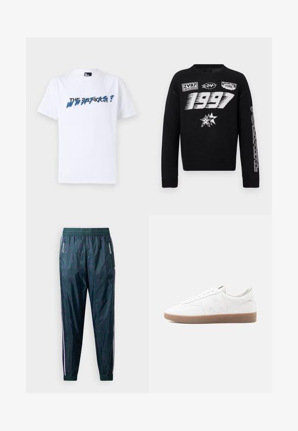 Schwarzer Strickpullover mit weißen Grafikdrucken, darunter "1997", Logopatches und geometrische Muster auf den Ärmeln. Lange Ärmel, Rundhalsausschnitt.; Weißes Baumwoll-T-Shirt mit kurzen Ärmeln; zeigt grafischen Text in Blau und Schwarz mit der Aufschrift "DAS WAS IST?" über der Brust. Weicher Stoff.; Windbreaker-Hosen in Dunkelgrün mit glatter Textur, ausgestattet mit einem subtilen Muster, weißen Seitestreifen und mit Reißverschlüssen versehenen Taschen. Elastischer Bund.; Weißer Sneaker in niedriger Ausführung mit Gummisohle, gesteppten Overlays und Schnürverschluss auf neutralem Hintergrund.
