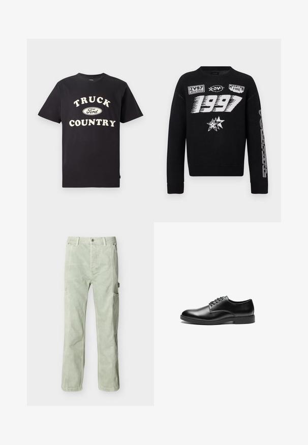 Zwart gebreide trui met witte grafische prints, waaronder "1997," logo badges en geometrische patronen op de mouwen. Lange mouwen, ronde hals.; Zwarte katoenen T-shirt met korte mouwen, voorzien van "TRUCK COUNTRY" in crème tekst en een Ford-logo in het midden voorop.; Lichtgroene cargobroek met een zachte textuur, voorzien van zijzakken en een losse pasvorm. Knopen als sluiting en lussen voor een riem aan de taille.; Zwarte leren dresschoenen met een gladde afwerking, ronde neus, een vetersluiting met zes oogjes en een platte rubberen zool.