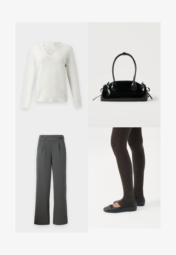 Lysegrå sweater med en scalloped V-udskæring, lange ærmer og ribbet kant. Lavet af blødt materiale med en subtil tekstur.; Grå brede bukser lavet af struktureret stof, med høj talje, frontfolder og to knapper i taljen.; Ben iført mørke ribbede leggings kombineret med sorte balletsko med små sløjfedetaljer på hvid baggrund.; Lille sort blank håndtaske med to lange håndtag og snøre-detaljer i siden på en ensfarvet lys baggrund.