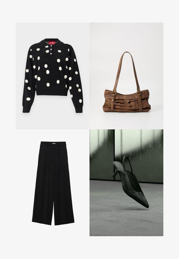 Sort langærmet polo-sweater med hvide polkaprikker, tre knapper foran, ribstrikkede manchetter og kraveetiket med teksten "cräs."; Sorte vide bukser i en tekstureret stofkvalitet, med elastisk talje og et aftageligt bånd i taljen for justerbar pasform.; Sort læder slingback højhælet sko med spids tå svævende over gråt tæppe, sløret grønlig væg i baggrunden.; Even&Odd Håndtasker - brown