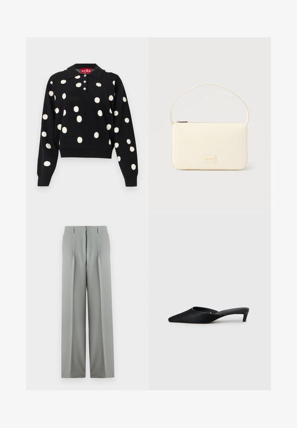 Zwarte polo met lange mouwen en witte polkadots, drie knopen aan de voorkant, geribbelde manchetten en een collabel met de tekst "cräs."; Lichtgrijze wijde trousers van soepel materiaal, met een hoge taille, geplooide voorkant en twee achterzakken met riemlussen.; Zwarte suède muilen met een spitse neus en een lage hak. Heeft een gladde textuur en een open achterkant voor gemakkelijk aan- en uittrekken. Eenvoudig ontwerp zonder patronen.; Roomkleurige rechthoekige handtas met een enkele draagband en een ritssluiting aan de bovenkant, met een klein ingegraveerd logoplacaat op de voorkant.
