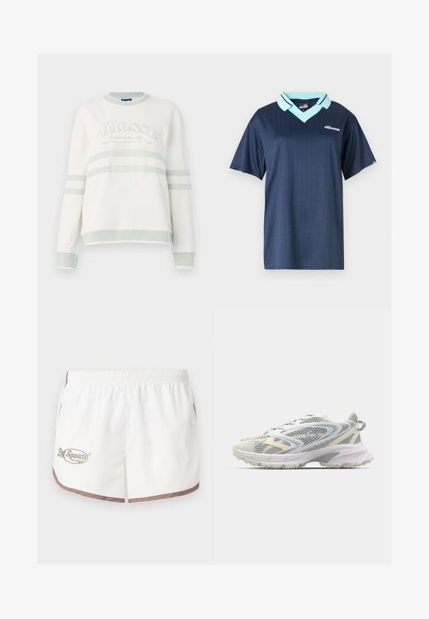 Weißer, gerippter Sweatshirt mit hellgrünen Akzenten. Verfügt über einen Rundhalsausschnitt, lange Ärmel und ein zentriertes Logo mit horizontalen Streifen.; Dunkelblaues Polohemd mit kurzen Ärmeln, einem hellblauen Kragen und vertikalem Streifenmuster. Mit einem weißen Markenlogo auf der Brust.; Pal Sporting Goods LEAGUE WOMENS - Shorts - marshmallow/khaki; Mesh-Sportschuh in Grau und Creme, mit strukturiertem Obermaterial, verstärkter Spitze und einer hellen, robusten Laufsohle für besseren Halt.