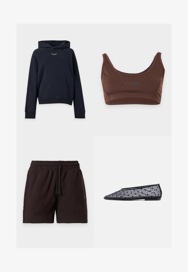 Sweat à capuche bleu marine avec poche avant, poignets et ourlet côtelés, petit détail blanc brodé sous l'encolure, présenté sur fond blanc.; Brassière de sport marron en tissu lisse, dotée d'un décolleté arrondi et de larges bretelles. Inscription "SILENCE" en gris à l'avant. Bords sans coutures.; Shorts à taille élastique noire avec cordon de serrage, devant plat et poches latérales, présentés sur un fond clair uni.; Chaussure plate noire à bout pointu, en tissu transparent avec un motif à pois noirs sur un fond clair.