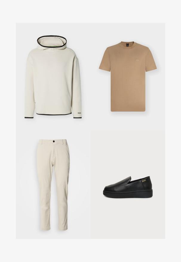 Off-white hættetrøje med sort kant på hætte, manchetter og kant, med lange ærmer og "BOSS"-logo på venstre ærmekant.; Kortærmet T-shirt med rund hals i tan med lille hvid "BOSS"-logo på venstre bryst, vist på en ensfarvet lys baggrund.; Beige chinos med lige ben, lavet af blødt bomuldsstof, med lynlås og en enkelt sort knaplukning.; Sort læder slip-on sko med tyk sål og små sideventilationshuller, med gulddetalje "HUGO" logo nær hælen.