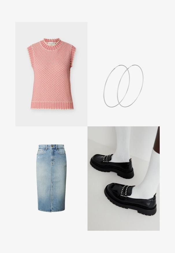 Chaleco de punto sin mangas en rosa y crema, con un cuello alto de canalé y un patrón texturizado en toda la prenda.; Falda lápiz de mezclilla azul claro con abertura frontal, pasadores para cinturón, cierre de botones y estilo de cinco bolsillos.; Zapatos de charol negros con suela gruesa, adornados con tachuelas plateadas y detalles en ondas, llevados con calcetines blancos.; Pendientes de aro plateados con un diseño minimalista. Forma circular, textura suave y perfil delgado. Livianos con un acabado pulido.