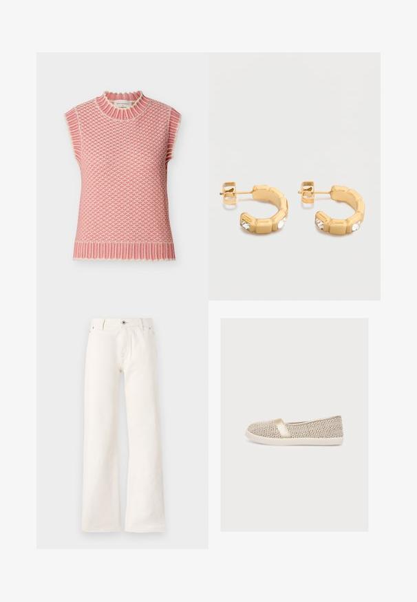 Mouwloos gebreid roze en crèmekleurig sweatervest met een hoge geribbelde hals en een gestructureerd patroon overal.; Witte wijde spijkerbroek van denim, met een sluiting met vooraan een knoop, vijf zakken en een gladde textuur zonder zichtbare patronen.; Beige geweven instapper met platte zool, witte onderzool en een metallic gouden band over de wreef, getoond in profiel op een effen achtergrond.; Kleine gouden oorringen met rechthoekige segmenten, elk voorzien van een heldere edelsteen aan de voorkant, met sluitingen aan de achterkant.