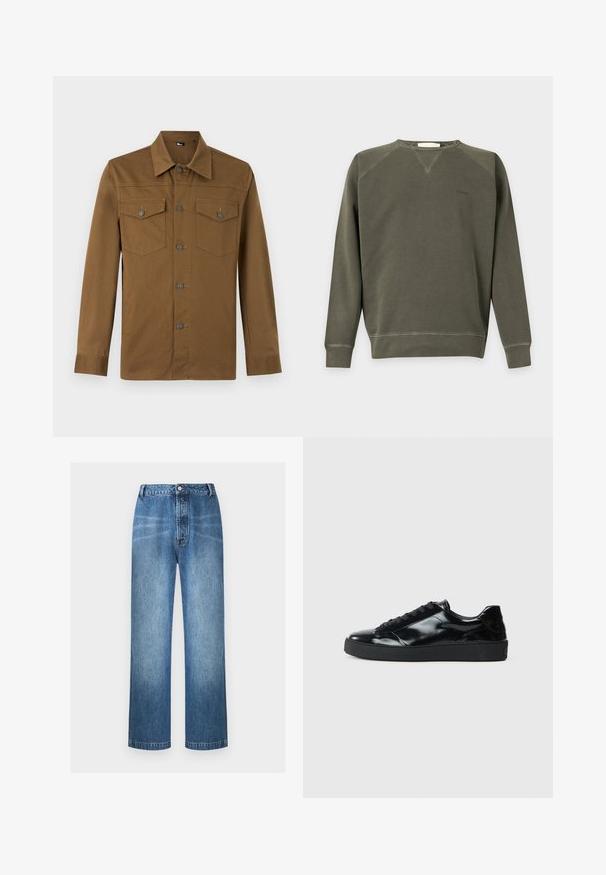 Sweat-shirt vert olive à manches longues avec col rond, poignets et bas en bord-côte, coutures minimales et petit logo brodé sur la poitrine.; Chemise marron à manches longues avec col pointu et deux poches poitrine boutonnées, présentée sur fond clair uni.; Jean bleu taille haute à jambes droites avec fermeture par bouton et zip, détails légèrement délavés sur les cuisses et les genoux, pas de poches visibles à l'avant.; Baskets en cuir verni noir avec un bout arrondi, un laçage, une semelle en caoutchouc texturé et une finition lisse.