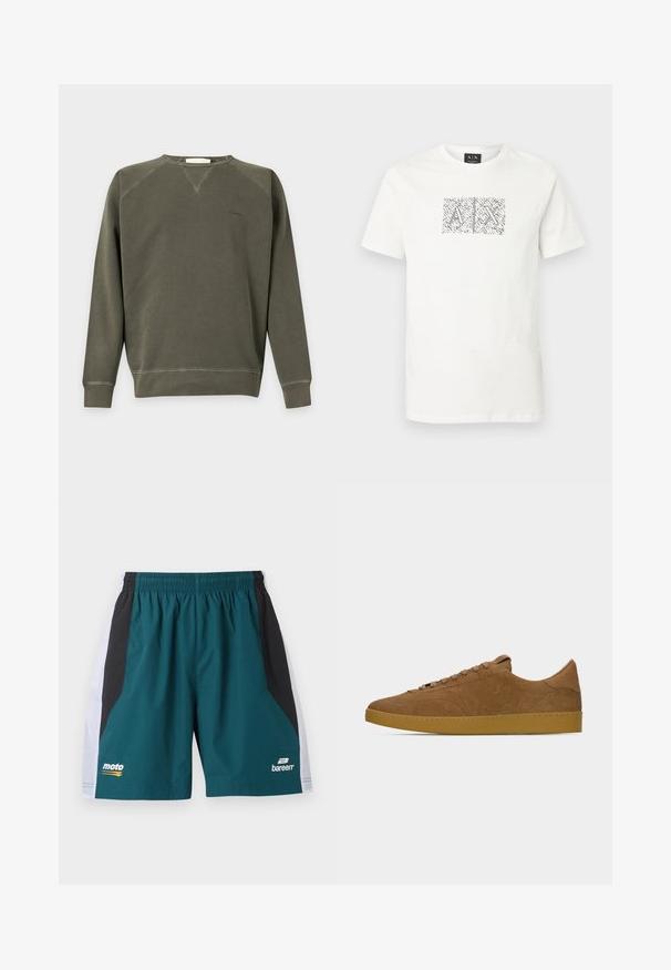 Sweat-shirt vert olive à manches longues avec col rond, poignets et bas en bord-côte, coutures minimales et petit logo brodé sur la poitrine.; T-shirt blanc à manches courtes et col rond avec un graphisme abstrait noir et blanc présentant les lettres "A" et "X" entrelacées, centré sur la poitrine.; Shorts de sport bleu sarcelle avec des panneaux latéraux noirs et blancs, ceinture élastique, logo « moto » sur la jambe gauche et logo « bareen » sur la jambe droite.; Baskets basses en daim marron avec lacets assortis et semelle en caoutchouc gomme, présentées en profil gauche sur un fond gris clair uni.