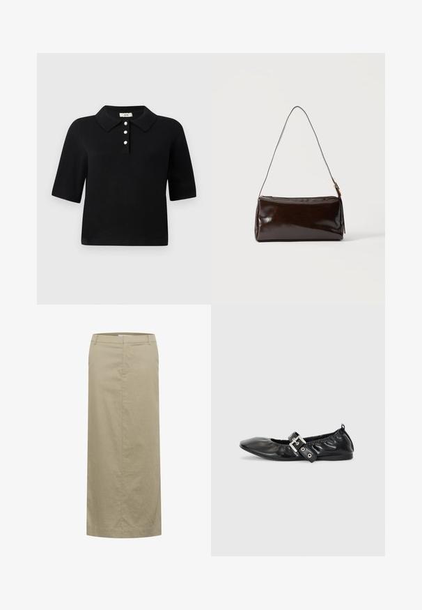 Sort polo-sweater med korte ærmer, tre-knaps placket med perleaccentuerede knapper og klassisk krave. Glat strikket stof.; Beige linned midi nederdel med en flad talje, sidelommer og en lige silhuet, der har minimal syning og ingen synlig hardware.; Sorte læder flade sko med spids tå, samling detaljer omkring åbningen, og en sølv spænde accent på den justerbare rem.; Mørkebrun rektangulær læder skuldertaske med en enkelt tynd rem og spænde i guldton på en ensfarvet baggrund.