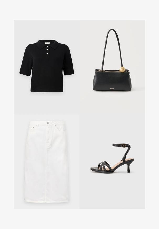 Sort polo-sweater med korte ærmer, tre-knaps placket med perleaccentuerede knapper og klassisk krave. Glat strikket stof.; Hvid denimnederdel med lynlås foran, fem lomme-design og lige silhuet med stikninger.; Sorte høje hæle sandaler med flere tynde stropper over tæerne, en enkelt ankelstrop med en gylden spænde og en firkantet tå.; Sort rektangulær lædertaske med lange håndtag, gylden lynlås, gylden sfærisk charme og lille ALDO-logo foran i midten.