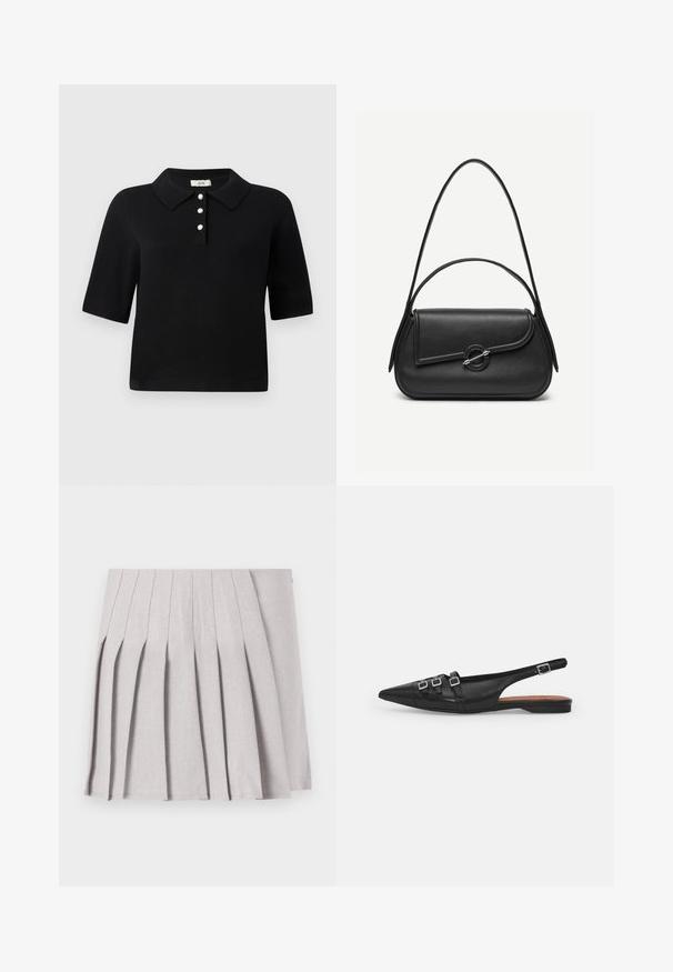 Suéter de polo negro de manga corta, con tapeta de tres botones que cuenta con acentos de perla y un cuello clásico. Tejido de punto suave.; Falda gris con pliegues y una textura suave, que presenta múltiples pliegues verticales y una cintura ajustada. Fabricada con un tejido ligero.; Zapato plano slingback de cuero negro con puntera puntiaguda, que presenta dos correas horizontales y hebillas plateadas cuadradas, tacón bajo y textura suave.; Bolso de cuero negro con bordes redondeados, solapa asimétrica, cierre circular de metal y correas de hombro cortas y largas.