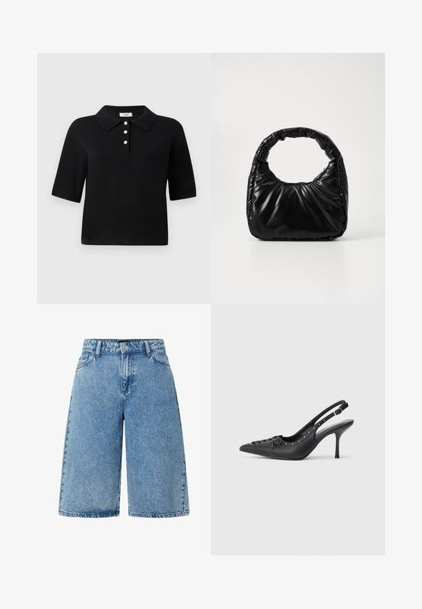 Suéter de polo negro de manga corta, con tapeta de tres botones que cuenta con acentos de perla y un cuello clásico. Tejido de punto suave.; Pantalones cortos de mezclilla en azul claro, con un diseño de corte amplio, estilo estándar de cinco bolsillos y una tela texturizada con un acabado desgastado.; Sandal de tacón stiletto negro de cuero con punta afilada, correa lateral con hebilla, tachuelas a lo largo del borde y cordones decorativos en la parte delantera.; Bolso negro acolchado con un asa redondeada, que presenta una superficie lisa y brillante y una textura suave y acolchada. Sin herrajes ni acentos visibles.