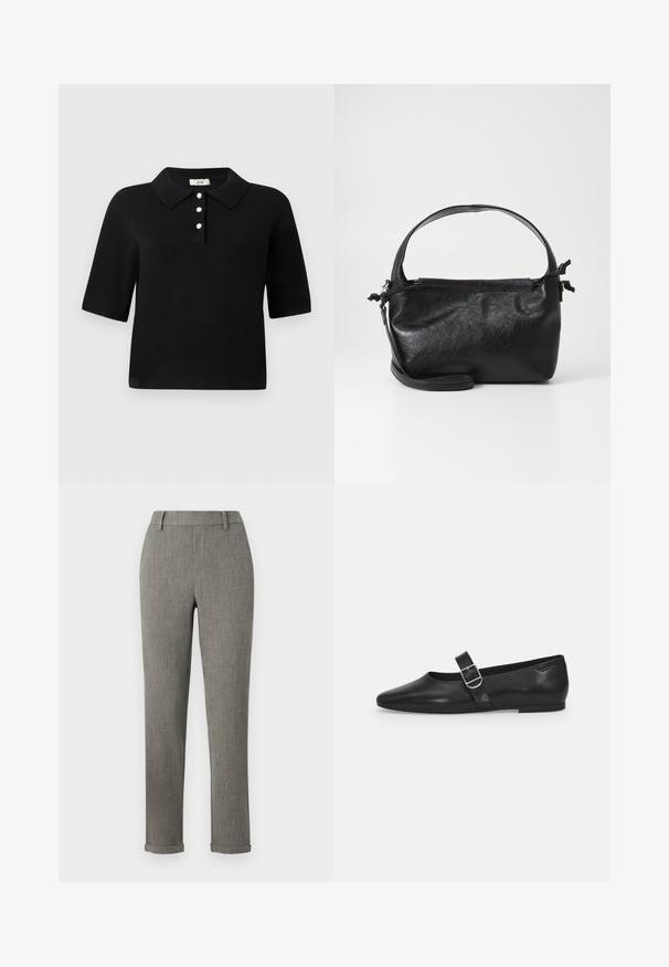 Sort polo-sweater med korte ærmer, tre-knaps placket med perleaccentuerede knapper og klassisk krave. Glat strikket stof.; Grå skræddersyede slim-fit bukser med bæltestropper og opsmøgede kanter, velegnet til formelt eller kontorbrug.; Sorte læder flade sko med rund tå, et enkelt justerbart spænde og en glat, blank overflade. Minimalistisk design med en lav hæl.; Sort læderhåndtaske med et struktureret design, rund tophåndtag og aftagelig skulderrem. Den har en glat tekstur og en subtil glans.