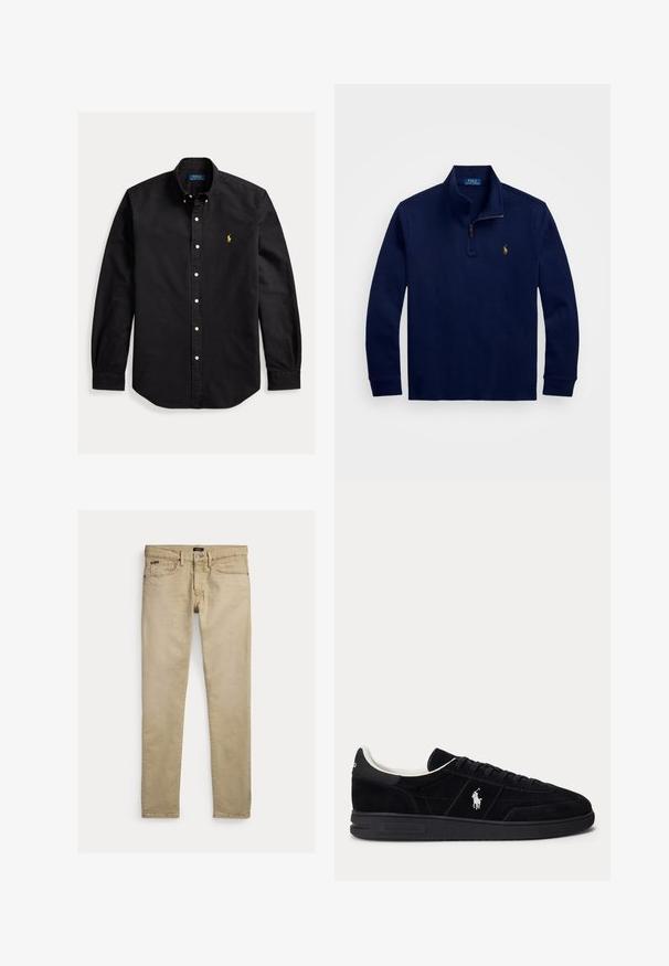 Mørkeblå langermet sweatshirt med kvart glidelås og ståkrage, med liten brodert polo-spillerlogo på venstre bryst.; Svart langermet knappeskjorte med knappet krage og liten gul Polo Ralph Lauren-logo på venstre bryst.; Beige, smale bukser med frontlommer, beltehemper og knappelukking, lagt flatt på hvit bakgrunn.; Svart lavt sneaker med svarte lisser, hvitt innerfôr og hvit Polo Ralph Lauren-logo på siden og hælen.