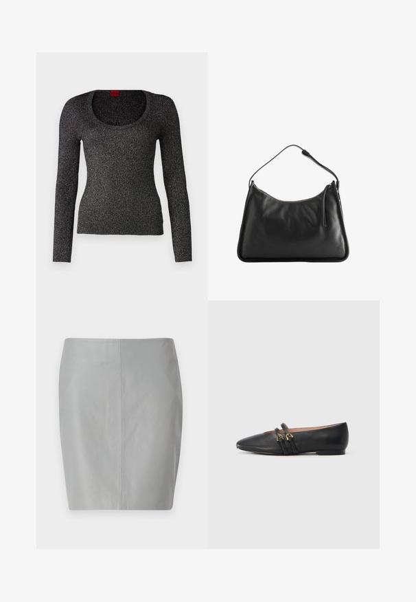Sort langærmet ribbestrikket sweater med bred udskæring. Funklende tekstur, lavet af et let materiale. Etikette synlig ved halsen.; Grå læder blyantskirt med en glat tekstur, der har et enkelt design og en central søm, der løber lodret ned ad ryggen.; Sorte læder flade sko med spids tå, der har to sorte remme med gyldne hardware-detaljer. Glat tekstur og lav hæl.; Sort læderhåndtaske med en buet silhuet, der har en lynlåslukning og en enkelt rem. Glat tekstur og diskret syningsdetalje.