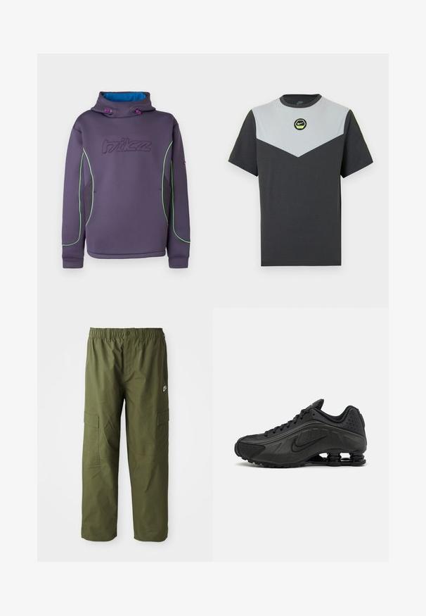 Violette Fleece-Kapuzenjacke mit hohem Kragen, grüner Paspelierung und blauem Innenfutter; verfügt über ein aufgesticktes Logo und elastische Kordelzüge.; Nike-T-Shirt mit kurzen Ärmeln in Dunkelgrau und Hellgrau mit Chevron-Design, grünem, rundem Logo und kontrastierenden Neonakzenten an den Schultern.; Nike Cargo-Hosen in dunkelolivgrün, ausgestattet mit einem elastischen Bündchen, zwei Seitentaschen und einem glatten, leichten Stoff.; Schwarze Laufschuhe mit einem glatten synthetischen Obermaterial, durchbrochenen Akzenten, strukturierten Seitenpaneelen und einer ausgeprägten federnden Sohle.