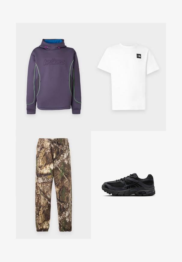 Lilla fleece-hættetrøje med høj krave, grøn kantning og blå indvendig foring; har et broderet logo og elastiske snore til justering.; Hvid bomulds-T-shirt med korte ærmer, der har et sort firkantet logo på venstre bryst og rund halsudskæring.; Camo sweatpants med et brunt og grønt naturligt mønster, der har en elastisk talje med snore og elastiske manchetter ved anklerne.; Sort og mørkegrå Nike løbesko med mesh-stof, ruskindsoverlejring, polstret sål og synlige luftenheder i hæl og forfod.