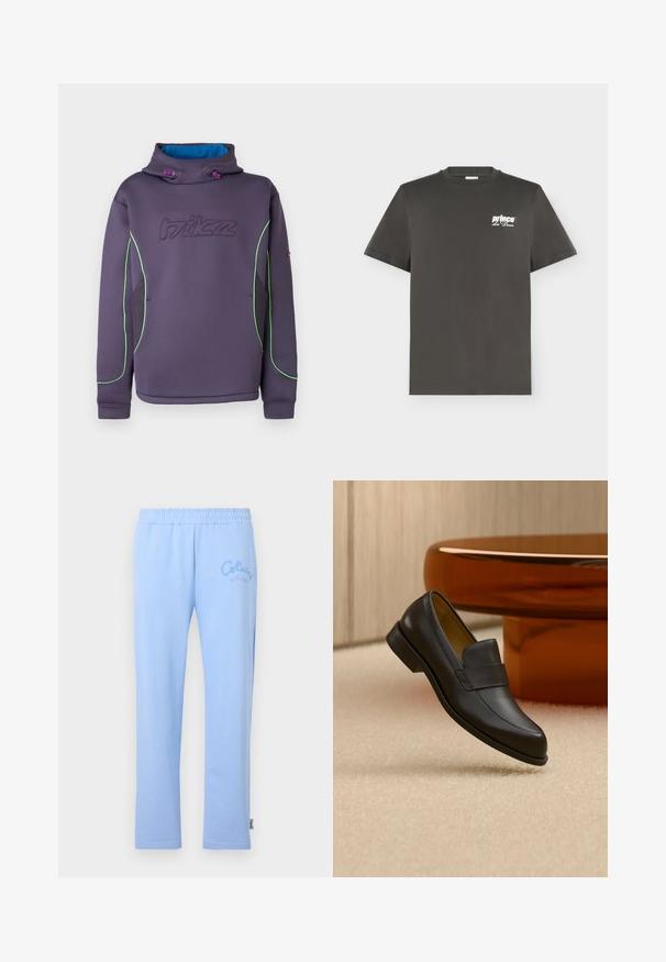 Lilla fliisist lukuga pusa kõrge krae, rohelise ääristusega ja sinise sisemise voodriga; kaunistatud tikitud logoga ja elastsete paeltega.; Tumehall lühikeste varrukatega ümara kaelusega T-särk väikese valge „prince des Deux“ logoga vasakul rinnal.; Heledad sinine puuvillane dressipüksid elastse vööga. Vasakul küljel on brodeeritud "Colucci" logo ja sirge jala disain.; Mustast nahast madala kontsaga mokassiin hõljumas beeži vaibaga põranda kohal ümmarguse pruuni laua lähedal.