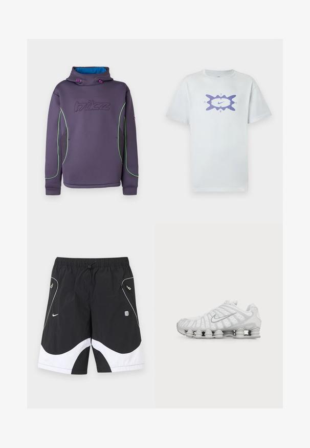 Sweat à capuche en polaire violet avec un col montant, des passepoils verts et une doublure intérieure bleue ; présente un logo cousu et des cordons élastiques.; T-shirt en coton blanc à coupe ample, avec un motif graphique violet au centre, entouré d'un contour ondulé. Manches courtes.; Shorts de sport Nike noir et blanc avec taille élastique, cordon de serrage, poches latérales zippées et garniture réfléchissante sur les panneaux avant.; Chaussure de running blanche Nike avec semelle à coussin d’air visible et logo swoosh argenté sur le côté, vue de l'extérieur.