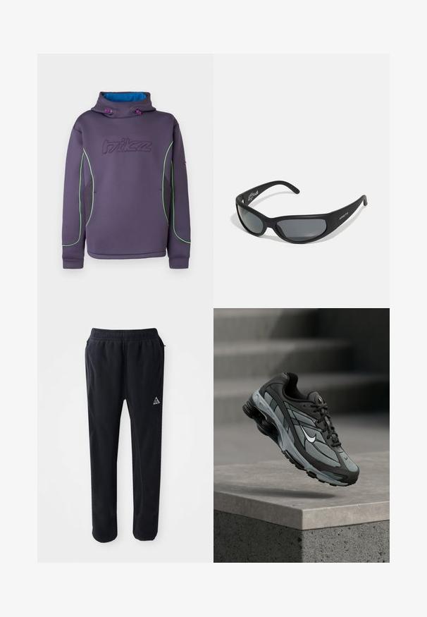Sudadera con capucha de forro polar morado con cuello alto, ribetes verdes y forro interior azul; cuenta con un logotipo bordado y cordones elásticos.; Pantalones atléticos negros de material suave y texturizado, con cinturilla elástica, bolsillos laterales y un acento de logo triangular en el muslo.; Zapatilla deportiva gris y negra con paneles de malla y suela gruesa, posicionada en el aire sobre un saliente de hormigón con escaleras de fondo.; Gafas de sol negras con un marco curvado y lentes oscuros. Presentan un acabado mate y el nombre de la marca "ARNETTE" en el lateral.