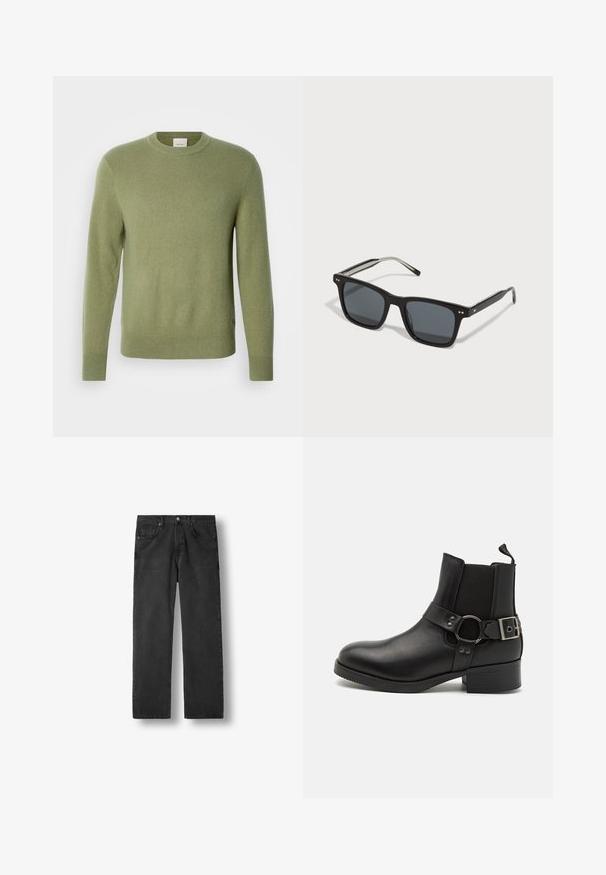 Hellgrüner Pullover mit langen Ärmeln, Rundhalsausschnitt und gerippten Bündchen und Saum. Hergestellt aus weichem, strukturiertem Stoff. Keine sichtbaren Muster oder Akzente.; Schwarze Jeans mit geradem Bein, Vordertaschen, Gürtelschlaufen und Knopfverschluss, dargestellt vor weißem Hintergrund.; Steve Madden ANTONN - Cowboy-/Bikerstiefelette - black; Schwarze quadratische Sonnenbrillen mit dunklen Gläsern, Kunststoffrahmen, metallischen Akzenten und dem charakteristischen Logo am Bügel. Elegantes Design mit modernem Aussehen.