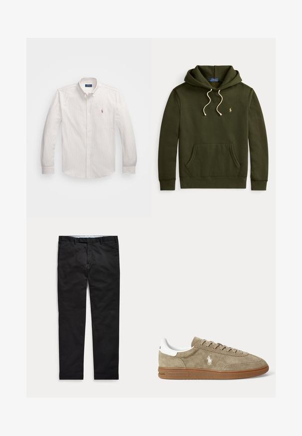 Dunkelgrüner Hoodie mit Fronttasche, cremefarbenen Kordeln und kleinem, besticktem goldenen Polo Ralph Lauren-Logo auf der linken Brust.; Weißes Hemd mit knopflosem Kragen und feinen vertikalen Streifen in hellem Beige. Es hat einen klassischen Kragen, lange Ärmel und ein kleines gesticktes Logo auf der Brust.; Schwarze Slim-Fit-Herrenhose mit Gürtelschlaufen und Vordertaschen, flach auf hellem Hintergrund ausgelegt.; Beiger Wildleder-Sneaker in niedrigem Schnitt mit brauner Sohle, weißem Fersendetail, Schnürsenkeln und weißem, seitlich gesticktem Polo-Spieler-Logo.