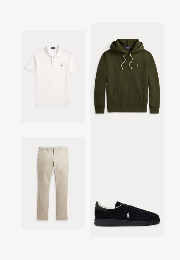 Tmavozelená mikina s kapucňou a predným vreckom, krémové šnúrky a malé zlaté vyšívané logo Polo Ralph Lauren na ľavej strane hrudníka.; Biela krátky rukáv Polo Ralph Lauren košeľa s golierom, zapínaním na dva gombíky a malým tmavomodrým vyšívaným logom koňa na ľavej strane hrudníka.; Béžové rovné bavlnené nohavice s prednými vreckami, pútkami na opasok, zapínaním na gombík a zipsom, zobrazené položené na bielom pozadí.; Čierna nízka teniska s čiernymi šnúrkami, bielym vnútorným lemom a bielym logom Polo Ralph Lauren na boku a päte.