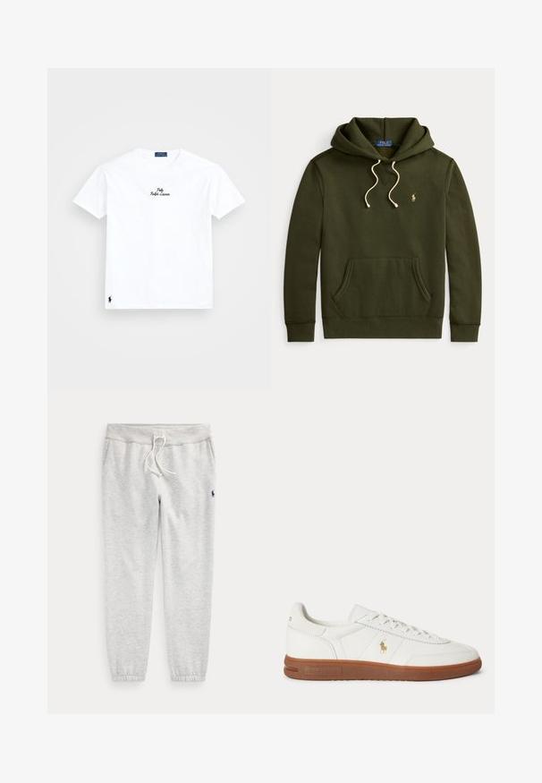 Tmavozelená mikina s kapucňou a predným vreckom, krémové šnúrky a malé zlaté vyšívané logo Polo Ralph Lauren na ľavej strane hrudníka.; Biely bavlnený tričko s kruhovým výstrihom, krátkymi rukávmi, čierne vyšívané logo "Polo Ralph Lauren" na hrudníku a malé čierne logo na leme.; Svetlosivé tepláky s elastickými lemami, šnúrkou v páse, bočnými vreckami a malým tmavým logom na hornej ľavej stehne.; Biele nízke tenisky s hnedou podrážkou, šnurovaním vpredu a malým zlatým logom Polo Ralph Lauren na boku.