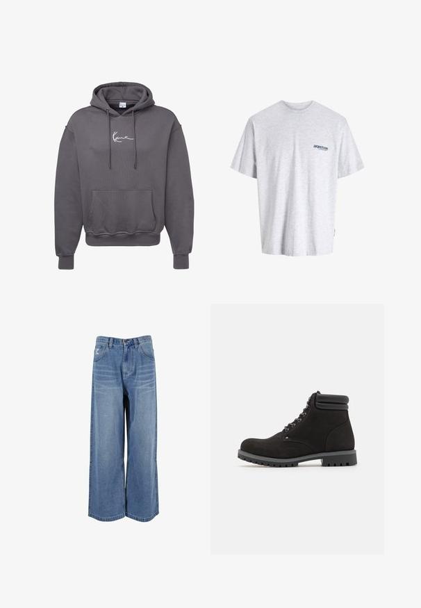 Grijze hoodie van een katoenmix met een voorzak, een capuchon met trekkoord, ribgebreide manchetten en witte logo-geborduurde op de borst.; Grijze t-shirt met korte mouwen waarop een klein blauw "project core" logo aan de linkerkant van de borst is afgebeeld, weergegeven op een effen achtergrond.; Brede blauwe denim jeans met een hoge taille, frontzakken en gestikte details op de benen. Gelaagd, vervaagd uiterlijk met een relaxed fit.; Zwarte suède enkellaars met een gevoerd kraagje, grijze rubberen zool, ronde neus en metalen oogjes voor de veters. Gelaagde bovenkant en duurzaam ontwerp.