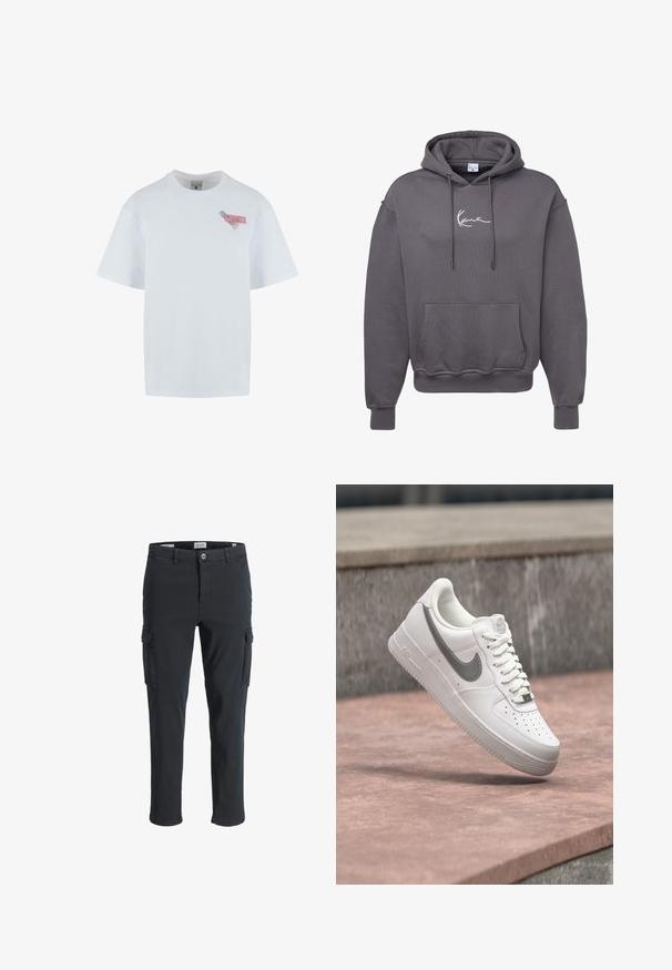 Grauer Hoodie aus Baumwollmischung mit einer vorderen Tasche, Kordelzugkapuze, gerippten Bündchen und weißer Logo-Stickerei auf der Brust.; Weißes Baumwoll-T-Shirt mit Rundhalsausschnitt, kurzen Ärmeln und einem bunten Grafik-Patch auf der linken Brust, das Text und Muster zeigt.; Schwarze Cargohosen aus leichtem Stoff, mit seitlichen Taschen, einem Reißverschluss und geradem Bein.; Weißer Nike Air Force 1 Sneaker mit grauem Swoosh-Logo, der über einer Steinoberfläche und einem grauen Steinwandhintergrund schwebt.