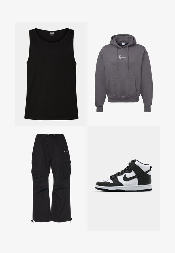 Grå hættetrøje lavet af bomuldsblanding med en frontlomme, snor til hætten, ribbede manchetter og hvid logo broderi på brystet.; Sort tanktop lavet af blødt bomuldsstof. Har en rund halsudskæring og brede armhuller, uden synlige mønstre eller accenter.; Sorte cargobukser lavet af letvægtsstof, med elastisk talje med snøre, sidelommer og justerbare manchetter.; Sort og hvid høj-top sneakers med læderoverdel, perforeret tåboks, fremtrædende swoosh-logo og struktureret gummisål.