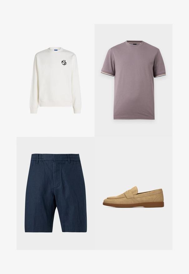 Sweatshirt blanc à manches longues avec col rond, bords-côtes aux poignets et à l'ourlet, présentant un petit logo noir sur le haut à gauche de la poitrine.; T-shirt manches courtes violet mat à col rond avec bordures rayées contrastées aux poignets et à l'encolure.; Shorts bleu marine longueur genou avec taille élastique et passants pour ceinture, en tissu texturé, présentés sur un fond uni.; Mocassin pour homme en daim beige avec une semelle en caoutchouc marron et un détail de sangle sur le dessus, vu de profil sur un fond uni.
