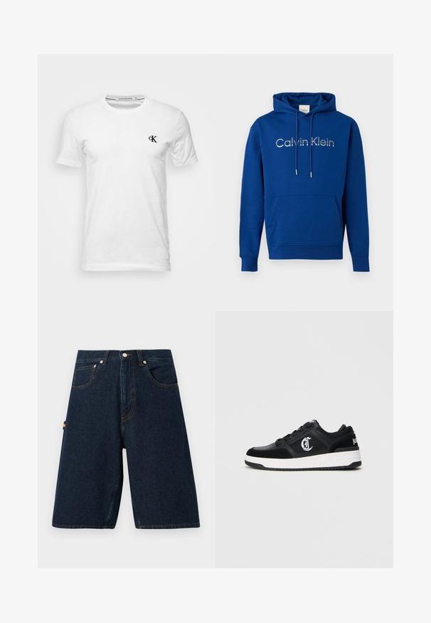 Blå hættetrøje med frontlomme og "Calvin Klein" logo i hvid tekst på tværs af brystet, med snoretræk i hætten.; Hvid T-shirt med korte ærmer og rund hals med lille sort "CK"-logo på venstre bryst, mærke Calvin Klein Jeans, størrelse medium.; Mørke denimshorts med løs pasform, fem-lommer design og kontrastende orange syninger. Har en klassisk knap- og lynlåslukning.; Sorte low-top sneakers med hvid sål, meshoverflade og ruskindsdetaljer, snøring foran og et hvidt stiliseret bogstavlogo på siden.