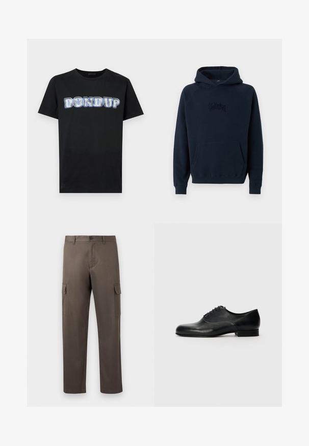 Sweat à capuche bleu marine à manches longues, avec poche kangourou à l'avant et texte sombre brodé centré sur la poitrine.; T-shirt en coton noir arborant le texte "DONDUP" en bleu métallique et argenté audacieux avec un léger effet usé. Manches courtes.; Pantalon cargo de couleur marron sourd, en tissu de coton lisse, avec des poches latérales et une coupe droite.; Filippa K DERBY - Derbies & Richelieus - black