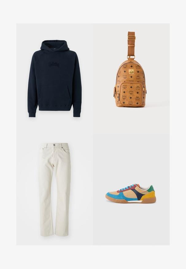 Marineblauer Kapuzenpullover mit langen Ärmeln, Fronttasche im Kängurustil und dunkler, auf der Brust zentrierter Stickschrift.; Helle beige Jeans aus Baumwolle mit geradem Bein, fünf Taschen und silbernem Metallknopfverschluss.; Mehrfarbiger Sneaker aus Wildleder und Leder mit blauen Schnürsenkeln, beige Basis, grünem Absatz, gelbem hinterem Teil sowie marineblauen und roten Akzenten, flache Gummisohle.; Kleine hellbraune Leder-Crossbody-Tasche mit verstellbarem Riemen, Frontreißverschlusstasche und sich wiederholendem schwarzem MCM-Logo-Muster.