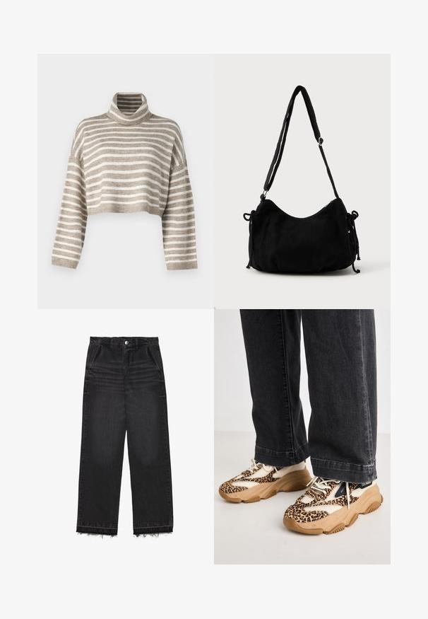 Skåret turtleneck sweater i lysebrun og creme striber. Fremstillet af blødt materiale, med brede ærmer og ribbede manchetter.; Sorte denimbukser med lige ben. Har høj talje, rå kant og en diskret falmet struktur. Foran er der lommer.; Sneakers med leopardprint og mesh- og læderpaneler, tan-gummisål og kontrasterende sorte accenter. Båret med løstsiddende mørke jeans.; Sort kordfløjls skuldertaske med en buet form, justerbar strop og snorelukninger på begge sider til størrelsejustering.