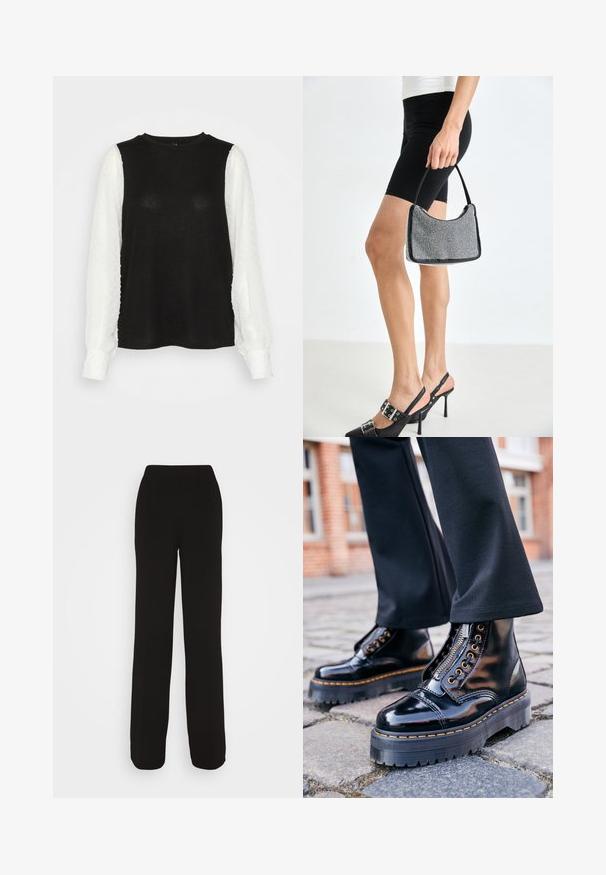 ONLY ONLAISSHA MIX - Pullover - black/cloud dancer; ONLY ONLANSA WIDE PULL ON PANT - Pantalon classique - black; Bottines en cuir verni noir avec une semelle en caoutchouc épaisse, fermeture éclair sur le côté, quincaillerie en œillet doré et détail de surpiqûre jaune contrastant.; Sac à main à perles noires avec une silhouette courbée, une poignée de transport et une texture brillante. Porté avec des chaussures à talons hauts noires et un short noir ajusté.