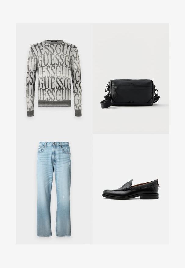 Grå strikket sweater med et gentaget "GUESS" print, rund halsudskæring og ribbede manchetter, med en gradienteffekt fra lys til mørk.; Lysblå denimjeans med en let løs lige pasform, der har slidte detaljer, et klassisk fem-lomme design og en knaplukning.; Sort læder herre loafer med moc-tå syning, penny strop, struktureret krave og lav stablet hæl på hvid baggrund.; Sort rektangulær crossbody taske med front lynlåslomme, justerbar rem og præget "BOSS" logo øverst i midten.
