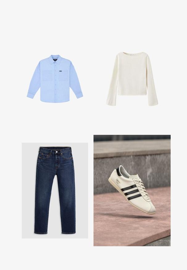 Off-white langærmet sweater med bred rund halsudskæring og let udvidede ærmer, lavet af blødt strikket stof.; Lysblå skjorte med knapåbning, der har lodrette hvide striber, to frontlommer og en klassisk krave. Fremstillet af vævet stof med en blød tekstur.; Mørkeblå denimbukser med lige ben-design. Har en lynlås og knaplukning, fem lommer og kontrasterende syninger.; Hvid Adidas-sneaker med sorte striber og beige sål, svævende over en lyserød betonoverflade og grå stensbaggrund.