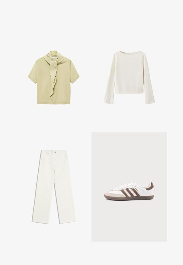 Off-white Langarmpullover mit weitem Rundhalsausschnitt und leicht ausgestellten Ärmeln, aus weichem Strickstoff gefertigt.; Helles beige Strickoberteil mit kurzen Ärmeln und angehängtem Schaldetail, das um den Hals drapiert ist.; Weiße Jeans mit hohem Bund und geradem Bein, mit Vordertaschen und Knopfverschluss auf weißem Hintergrund.; Weißer Adidas Samba Sneaker mit braunen Wildlederstreifen, brauner Gummisohle und beiger Wildlederkappe, von der Außenseite auf schlichtem Hintergrund gezeigt.