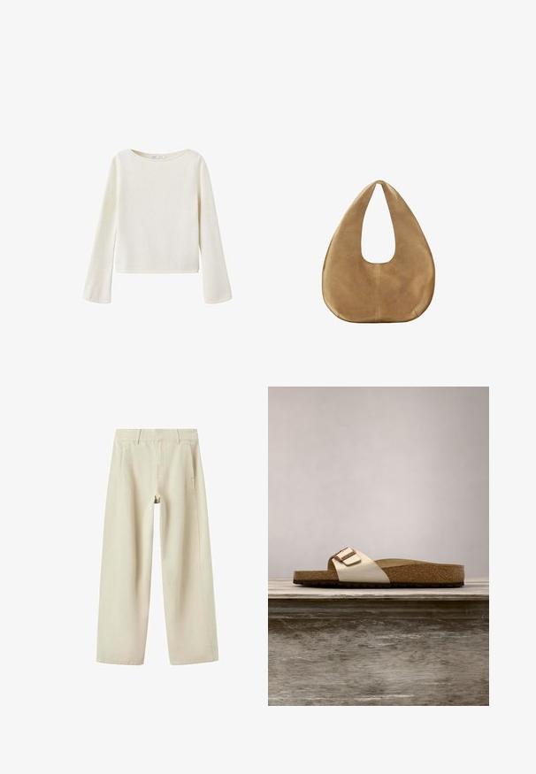 Off-white langærmet sweater med bred rund halsudskæring og let udvidede ærmer, lavet af blødt strikket stof.; Beige bukser med vide ben, sidelommer, bæltestropper og synlige syninger, vist fladt på en hvid baggrund.; Sandal med slide-design, der har en let metallisk overdel, korkfodbed og tekstureret brun gummisål. Spænde detalje med logoaccent.; Tanfarvet ruskinds-hobo-taske med bred, rundet krop og enkelt fladt håndtag, vist mod en ensfarvet hvid baggrund.