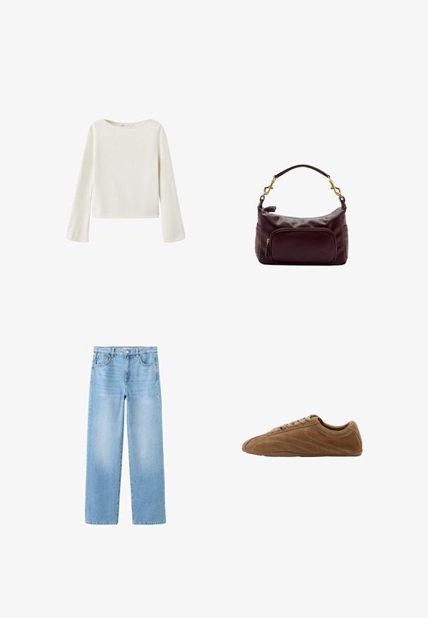 Pull blanc cassé à manches longues avec un large col rond et des manches légèrement évasées, fabriqué en tissu en maille douce.; Jean en denim bleu clair avec une coupe droite, style cinq poches, passants pour ceinture et légère décoloration pour un look décontracté.; Baskets basses en daim marron avec fermeture à lacets et semelle fine en caoutchouc, vues de côté sur fond blanc.; Sac à bandoulière en cuir marron foncé avec fermoirs dorés, poche zippée à l'avant et anse unique incurvée sur fond blanc.