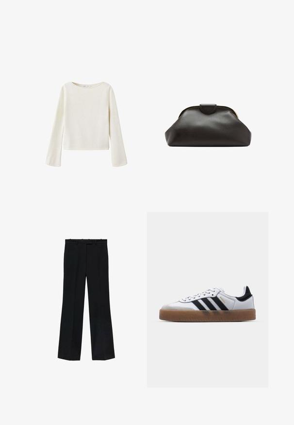 Jersey de manga larga color blanco hueso con un amplio escote redondo y mangas ligeramente acampanadas, hecho de tejido de punto suave.; Pantalones negros con un diseño de pierna recta, fabricados en tejido suave. Presentan una cinturilla con pasadores para cinturón y sin marcas ni adornos visibles.; Zapatillas de cuero blancas con rayas negras, suela de goma, puntera redonda, cierre de cordones y caperuza de ante gris suave.; Bolso de mano de cuero negro suave con un marco redondeado y un pequeño cierre en la parte superior central.