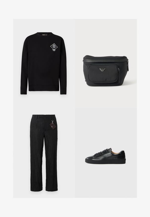 Sort sweatshirt lavet af bomuld, med rund halsudskæring, lange ærmer og et diamantformet broderet logo på brystet.; Sorte, teksturerede bukser med vide ben, glat overflade og synlige sømme; inkluderer et mærke fastgjort med en sølvhardware løkke.; Sorte lædersneakers med en glat overflade, rund tå og snørebåndslukning. Har en tyk gummisål og minimal branddetalje.; Sort bæltetaske med frontlynlåslomme og sølv ørn-logo, glat stof med tekstureret kant og lynlåstræk.