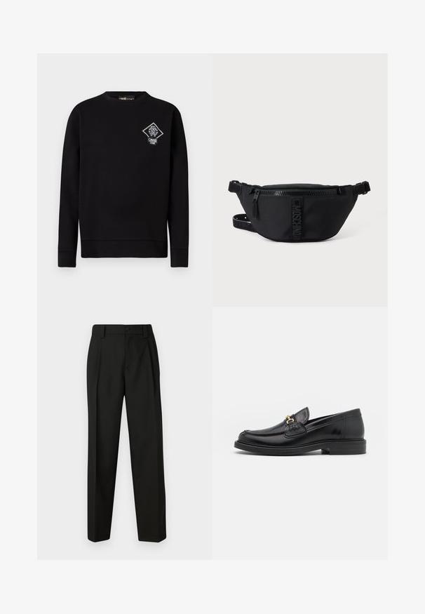 Sudadera negra de algodón, con cuello redondo, mangas largas y un logo bordado en forma de diamante en el pecho.; Pantalones negros de corte entallado hechos de una tela suave. Con pierna recta, cierre de botón único y trabillas para el cinturón. Sin patrones o acentos visibles.; Mocasines de cuero negro con punta redondeada, que cuentan con un detalle de herrajes dorados y costuras, situados sobre una suela de goma texturizada y baja.; Bolsa de cintura negra Moschino con cremallera frontal y correa ajustable sobre un fondo liso claro.